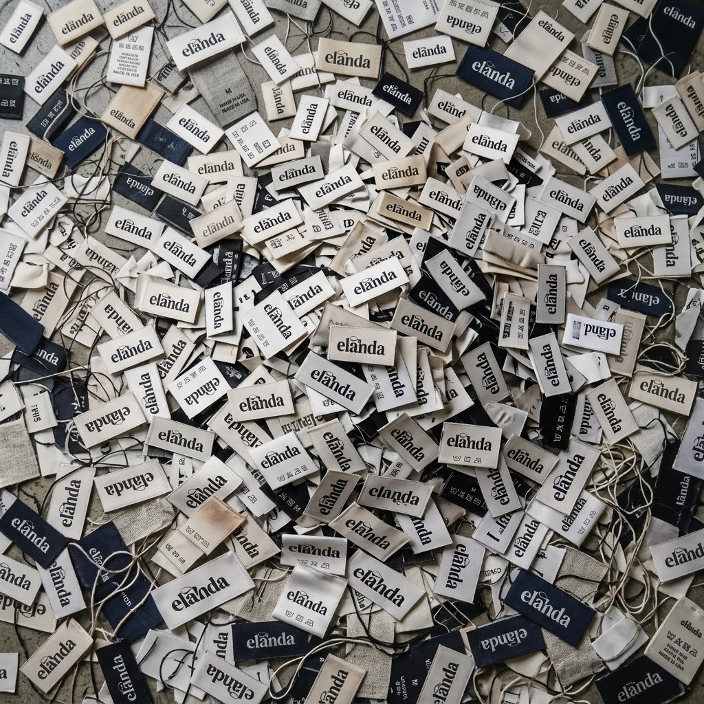 A scattering of Elahda woven labels in black, ecru and stone