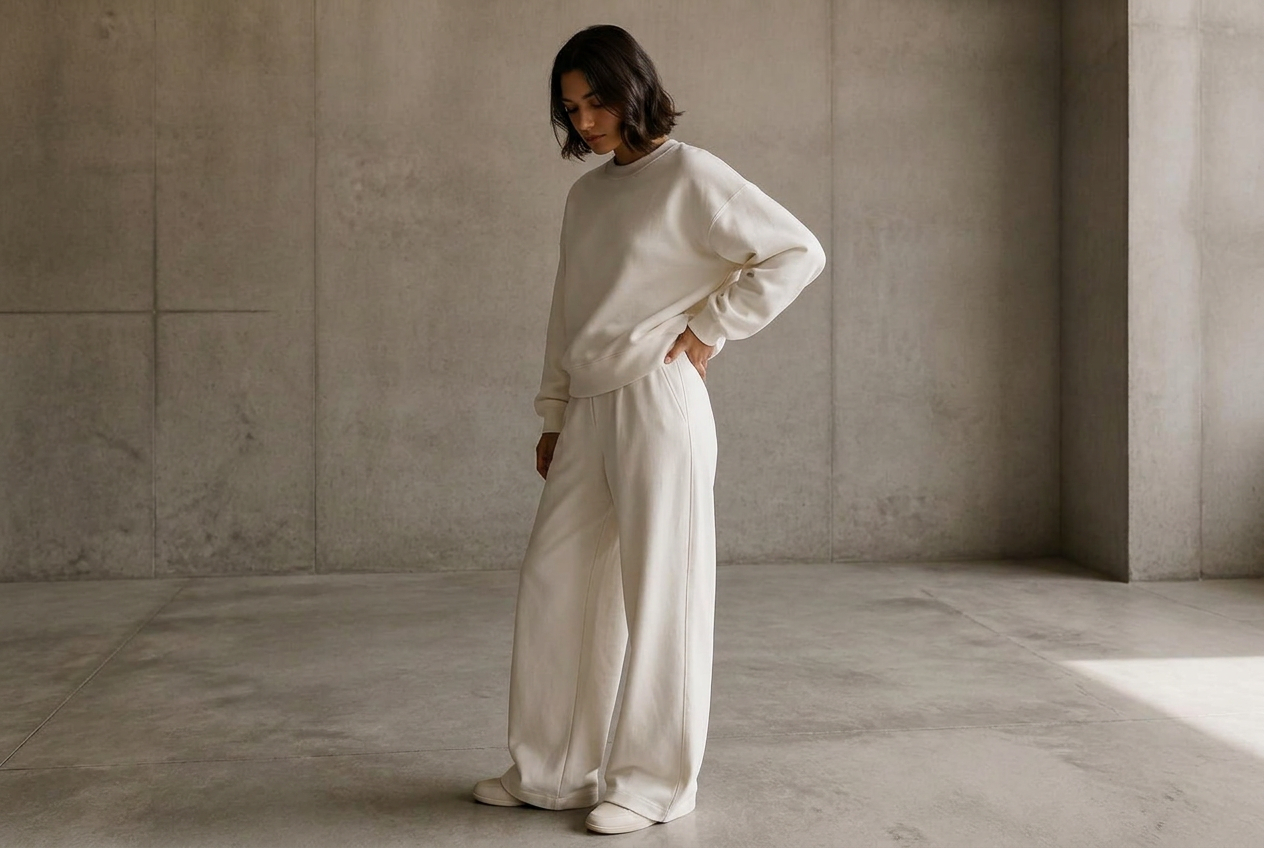Elahda campaign — model in three-quarter profile in off-white essentials