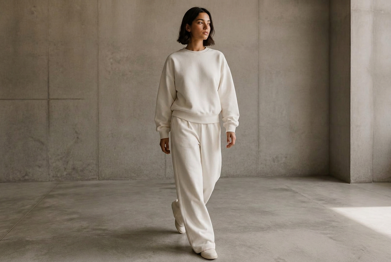 Elahda campaign — model walking in off-white heavyweight essentials