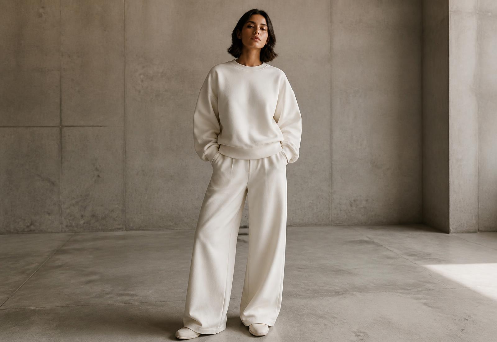Elahda campaign — model wearing an off-white heavyweight essentials set